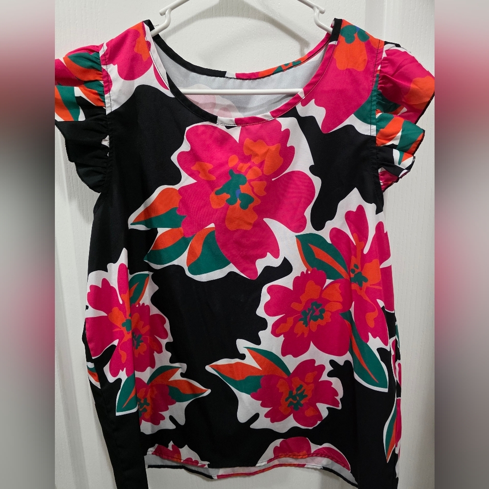 SHEIN Black and Pink Floral Blouse